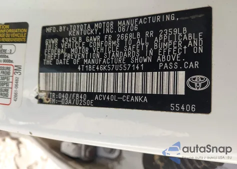 2007 Toyota Camry Le from USA, damaged, VIN 4T1BE46K57U557141
